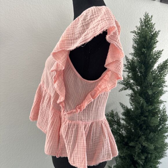 American Eagle Light Pink Baby Doll Crop Top Blouse Size Small Ruffled‎ Cotton - Picture 2 of 9